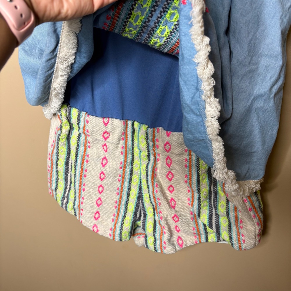 Judith March Women Blue Embroidered Fringe Split Back Romper Size Large Boho - Picture 3 of 7